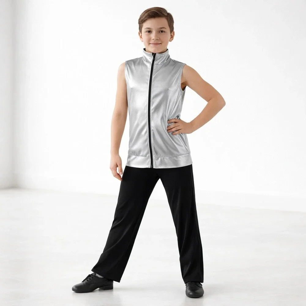 Kelle Metallic Silver Dance Costume Vest Youth L Stage Recital Zip Performance